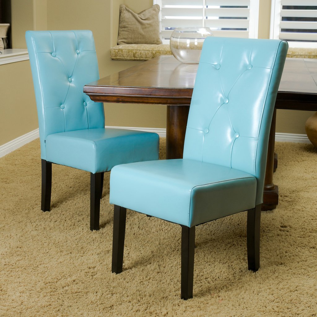 blue leather dining chairs